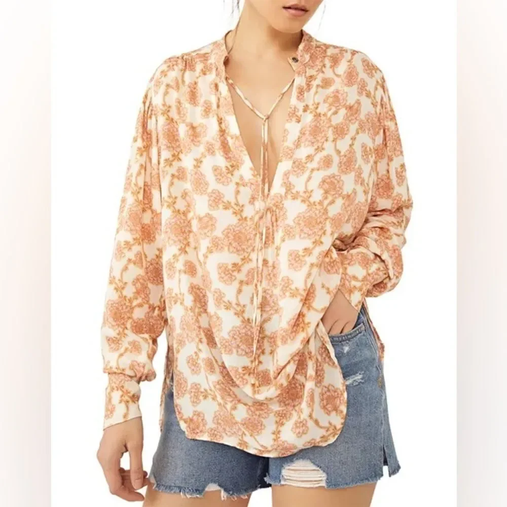 Free People NWT Mia Floral Print Tie Neck Tunic Top in Ivory Combo XS
